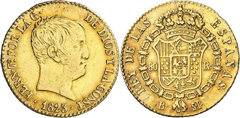 1823. Fernando VII. Barcelona. SP. 80 reales. (AC. 1574). Tipo "cabezón". Leves ...