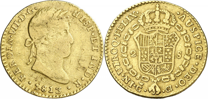 1813. Fernando VII. Cádiz. CI. 2 escudos. (AC. 1582). Rayitas y golpecitos. Ex Á...