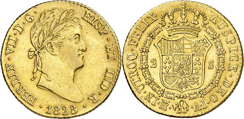 1828/7. Fernando VII. Madrid. AJ. 2 escudos. (AC. 1634). Parte de brillo origina...