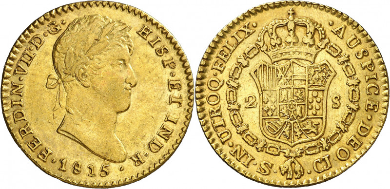 1815. Fernando VII. Sevilla. CJ. 2 escudos. (AC. 1669). Primer año de busto laur...