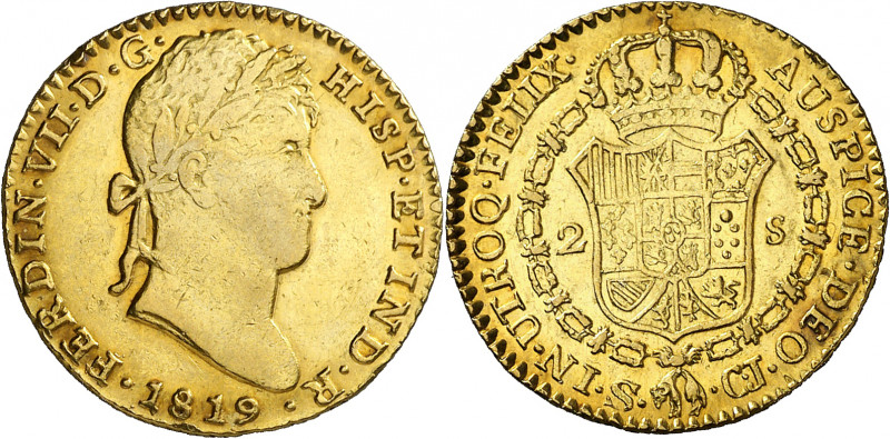 1819. Fernando VII. Sevilla. CJ. 2 escudos. (AC. 1674). Golpecitos. Parte de bri...