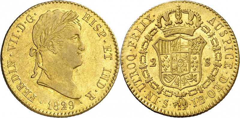 1829. Fernando VII. Sevilla. JB. 2 escudos. (AC. 1687). Pequeño vano. Acuñación ...