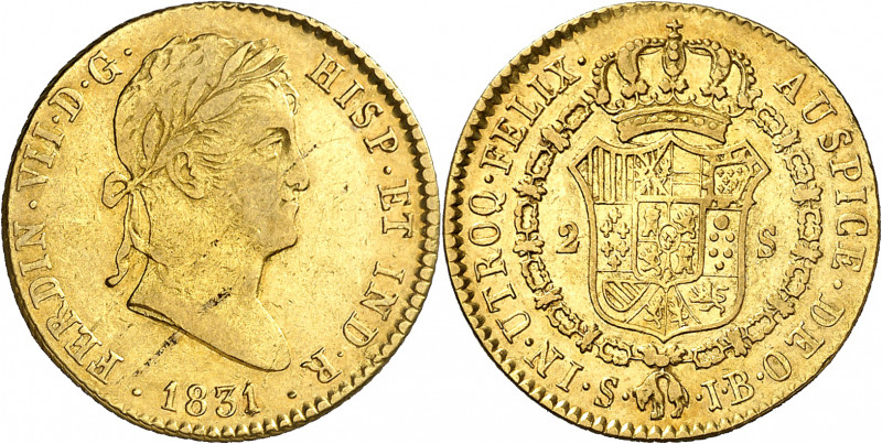 1831. Fernando VII. Sevilla. JB. 2 escudos. (AC. 1689). Leves hojitas. Gran part...