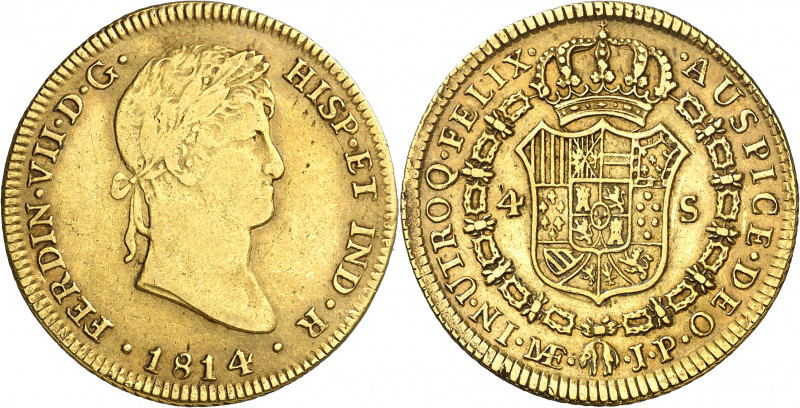 1814. Fernando VII. Lima. JP. 4 escudos. (AC. 1701). Primer año de busto lauread...