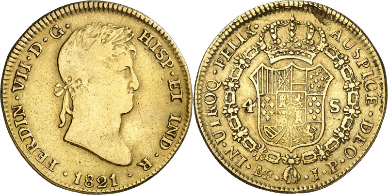 1821. Fernando VII. Lima. JP. 4 escudos. (AC. 1708). Hoja en reverso. Sirvió com...