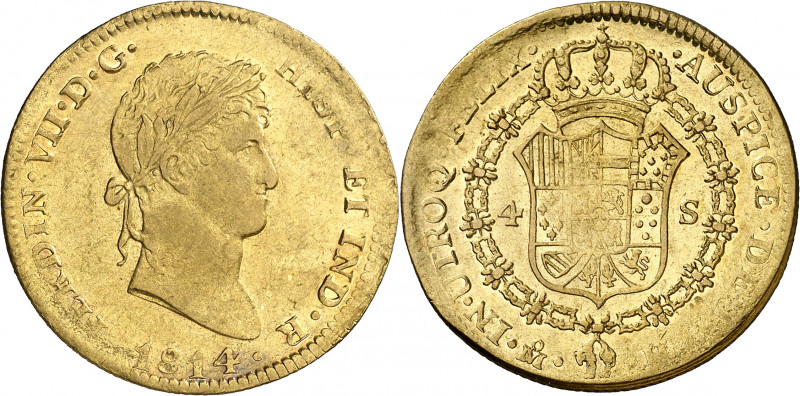 1814. Fernando VII. México. HJ. 4 escudos. (AC. 1724). Primer año de busto laure...