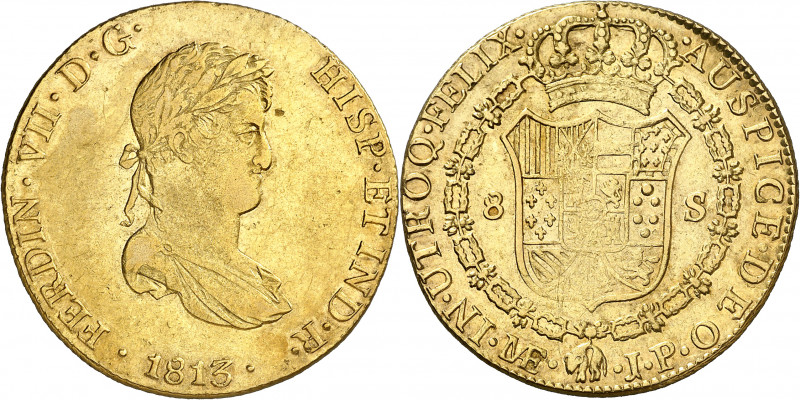 1813. Fernando VII. Lima. JP. 8 escudos. (AC. 1760) (Cal.Onza 1218). Busto laure...