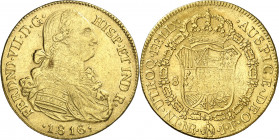 1816. Fernando VII. Santa Fe de Nuevo Reino. JF. 8 escudos. (AC. 1852) (Cal.Onza 1332) (Restrepo 127-22a). Sin punto entre IND y R. Hojita. 27 g. MBC.