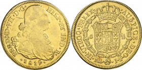 1819. Fernando VII. Santa Fe de Nuevo Reino. JF. 8 escudos. (AC. 1857) (Cal.Onza 1337) (Restrepo 127-32). Sirvió como joya. 26,79 g. (MBC).