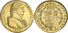 1808. Fernando VII. Santiago. FJ. 8 escudos. (AC. 1861) (Cal.Onza 1342 var por leyenda reverso). Busto almirante. EELIX. Mínimas marquitas. Bella. Bri...