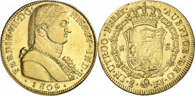 1809. Fernando VII. Santiago. FJ. 8 escudos. (AC. 1862) (Cal.Onza 1345). Busto almirante. Con punto entre ET e IND. Leves hojitas. Parte de brillo ori...