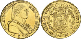 1810. Fernando VII. Santiago. FJ. 8 escudos. (AC. 1863) (Cal.Onza 1346). Busto almirante. Hojitas. Rara. 26,91 g. MBC+.