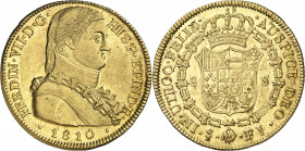 1810. Fernando VII. Santiago. FJ. 8 escudos. (AC. 1864) (Cal.Onza 1347). Busto almirante. Marca de ceca invertida. Sin punto entre los ensayadores. Le...