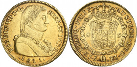 1811. Fernando VII. Santiago. FJ. 8 escudos. (AC. 1865) (Cal.Onza 1349). Busto almirante. Sin punto entre ET e IND. Precioso color. Rara. 27 g. EBC-.