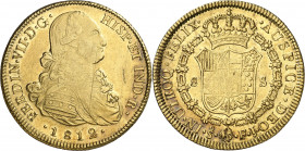 1812. Fernando VII. Santiago. FJ. 8 escudos. (AC. 1867) (Cal.Onza 1352). Rayitas. Parte de brillo original. 27,06 g. MBC+/EBC-.