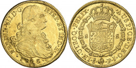 1813. Fernando VII. Santiago. FJ. 8 escudos. (AC. 1869) (Cal.Onza 1355). Hojitas. Brillo original. 27,10 g. (EBC-).