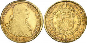 1814. Fernando VII. Santiago. FJ. 8 escudos. (AC. 1871) (Cal.Onza 1358). Rayitas y golpecitos. Precioso color. 26,84 g. MBC+/EBC-.