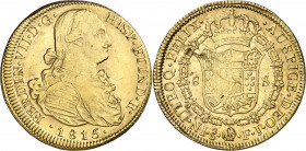 1815. Fernando VII. Santiago. FJ. 8 escudos. (AC. 1872) (Cal.Onza 1359). Hojitas. Parte de brillo original. 27,01 g. MBC/MBC+.