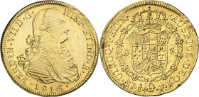 1816. Fernando VII. Santiago. FJ. 8 escudos. (AC. 1873) (Cal.Onza 1361). Sin punto entre VII y D. Golpes. 26,71 g. MBC-/MBC.