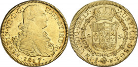 1817. Fernando VII. Santiago. FJ. 8 escudos. (AC. 1876) (Cal.Onza 1364). Precioso color. Parte de brillo original. Escasa así. 27,06 g. EBC-/EBC.