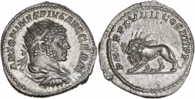 Caracalla - Antoninien (Rome) 
R/ Lion tenant un foudre ailé dans sa gueule.

Argent - 4,83 grs - 23 mm
RSC.322
SUP à SUP+
R

Type assez rare. Superbe...