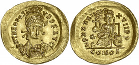 Théodose II - Solidus (Constantinople) 
A/ D N THEODOSI-VS PF AVG
R/ IMP XXXXII COS XVII P P - CONOB / Etoile dans le champ à gauche.

Or - 4,49 grs -...