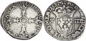 Louis XIII - 1/8 écu, croix feuillue de face, 1611 9 (Rennes) 

Argent - 4,69 grs - 23 mm
G.23a
TB
RR

Très rare ! Nettoyé.