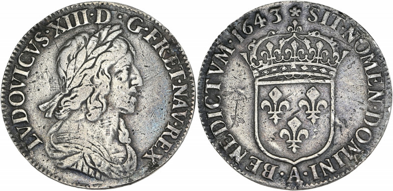Louis XIII - 1/4 écu 2nd poinçon de Warin 1643 A (Paris) 
R/ Rose après date (Ma...