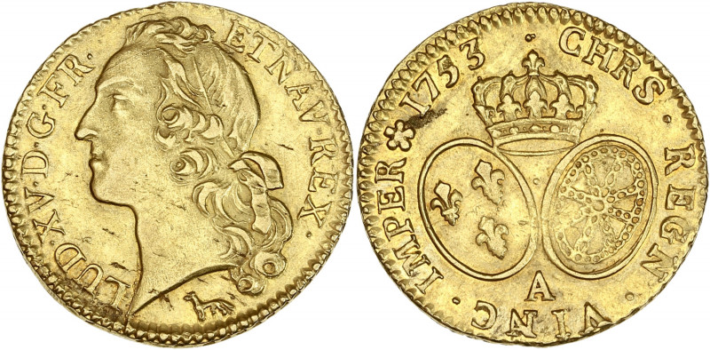 Louis XV - Louis d'or au bandeau 1753 A (Paris) 

Or - 8,14 grs - 24 mm
G.245
TT...