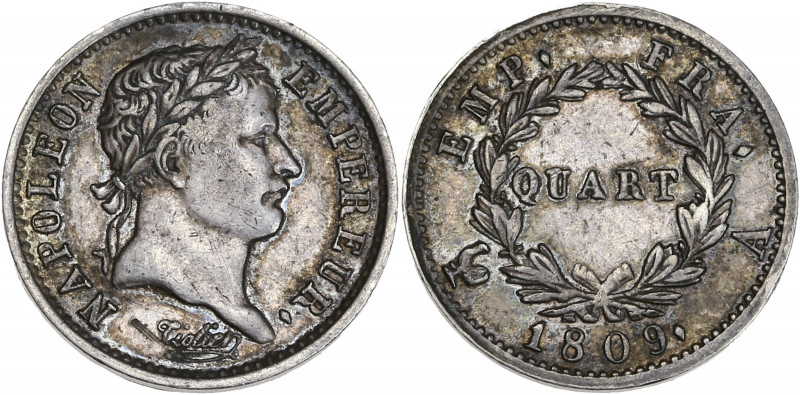 Napoléon Empereur tête laurée - Quart 1809 A (Paris) 

Argent - 1,26 grs - 14 mm...