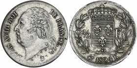 Louis XVIII - 1/2 franc argent 1824 K (Bordeaux) 

Argent - 2,52 grs - 18 mm
F.179-48
TTB

Rare ! Nettoyée.