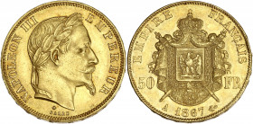 Napoléon III tête laurée - 50 francs 1867 A (Paris) 

Or - 16,17 grs - 28 mm
F.548-8 / G.1112
TTB

Exemplaire agréable, deux chocs sur les listels....