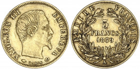 Napoléon III tête nue - 5 francs 1859 A (Paris) 

Or - 1,62 grs - 17 mm
F.501-7 / G.1001
TTB