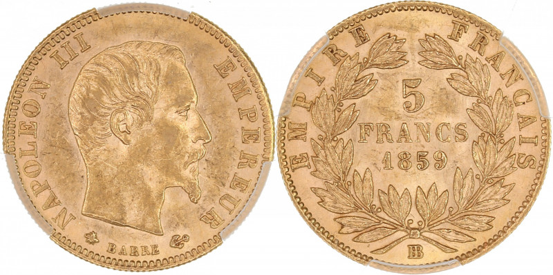 Napoléon III tête nue - 5 francs 1859 BB (Strasbourg) 

Or - 1,66 grs - 17 mm
F....