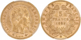 Napoléon III tête nue - 5 francs 1859 BB (Strasbourg) 

Or - 1,66 grs - 17 mm
F.501-8 / G.1001
SUP+ / PCGS MS61

Monnaie gradée par PCGS en MS61. Supe...