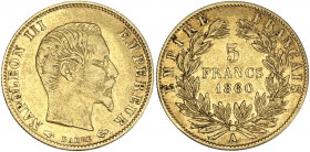 Napoléon III tête nue - 5 francs 1860 A (Paris) 

Or - 1,58 grs - 17 mm
F.501-10 / G.1001
TB+
