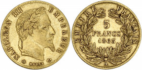 Napoléon III tête laurée - 5 francs 1863 A (Paris) 

Or - 1,61 grs - 17 mm
F.502-3 / G.1002
TB+