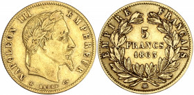 Napoléon III tête laurée - 5 francs 1863 BB (Strasbourg) 

Or - 1,60 grs - 17 mm
F.502-4 / G.1002
TTB-

Exemplaire agréable très légèrement nettoyé....