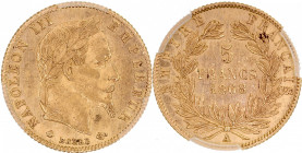 Napoléon III tête laurée - 5 francs 1868 A (Paris) 

Or - 1,60 grs - 17 mm
F.502-13 / G.1002
SPL- / PCGS MS62

Monnaie gradée par PCGS en MS62. Superb...