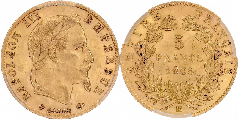 Napoléon III tête laurée - 5 francs 1868 BB (Strasbourg) 

Or - 1,63 grs - 17 mm...