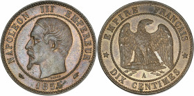 Napoléon III tête nue - 10 centimes 1854 A (Paris) 

Bronze - 10,09 grs - 30 mm
F.133-10 / G.248
SUP+

Superbe exemplaire avec une partie de son rouge...