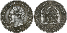 Napoléon III tête nue - 5 centimes 1857 W (Lille) 

Bronze - 4,92 grs - 25 mm
F.116-43 / G.152
TTB-

Rare ! Dernier millésime/atelier pour le type à l...