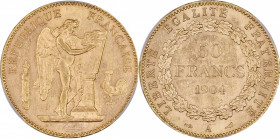 Génie - 50 francs 1904 A (Paris) 

Or - 16,12 grs - 28 mm
F.549-6 / G.1113
SPL / PCGS MS63

Monnaie gradée par PCGS en MS63. Superbe exemplaire, infim...