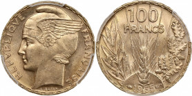 Bazor - 100 francs 1935 

Or - 6,55 grs - 21 mm
F.554-6 / G.1148
FDC / PCGS MS65

Monnaie gradée par PCGS en MS65. Magnifique exemplaire !