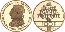 La Fayette - 100 francs 1987 - Frappe BE 

Or - 17,00 grs - 31 mm
G.902
SPL+ / PROOF

Or 920/1000. Tirage de 10 000 exemplaires. Monnaie sans sa boite...