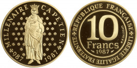 Millénaire capétien - 10 francs 1987 - Frappe BE 

Or - 12,00 grs - 26 mm
G.820
SPL+

Or 920/1000. Tirage de 6 000 exemplaires. Monnaie dans sa boite ...