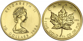 Canada - 10 dollars (1/4 once) Maple Leaf 1986 

Or (999/1000) - 7,78 grs - 20 mm
KM.20-136
SPL+