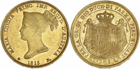 Italie, Duché de Parme, Marie-Louise - 40 lire 1815 (Milan) 

Or - 12,91 grs - 26 mm
Gigante.1
SUP+ 

Superbe exemplaire, quelques hairlines dans les ...