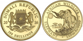 Somalie - 100 shillings (1/10 once) Eléphant 2016 

Or (999/1000) - 3,12 grs - 20 mm
SPL à FDC
