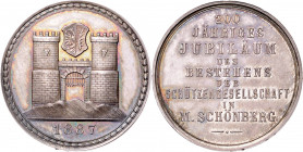 ŠUMPERK (MÄHRISCH SCHÖNBERG)&nbsp;
Ag medaile 200. výročí Střelecké společnosti Šumperk (Mährisch Schönberg), 1887, 16,64g, 33 mm, Ag 900/1000, Haus ...